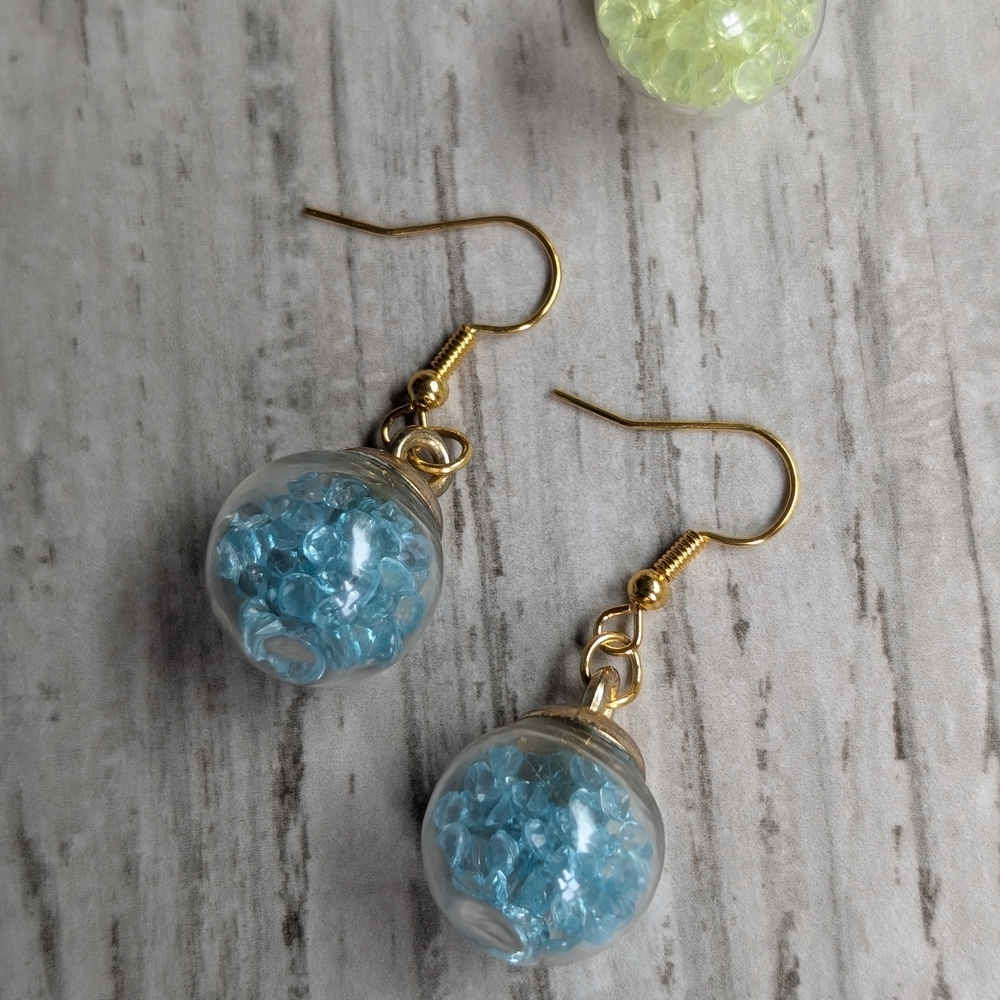 Fun Ball Shaped Gold and Blue Dangle Earrings